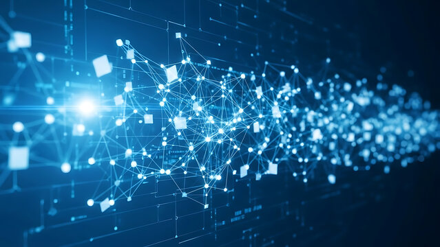 Digital Network Connectivity: A mesmerizing visualization of digital connections and data flow, set against a vibrant blue backdrop, creating a sense of dynamic technological integration. - Powered by Adobe