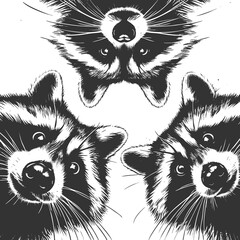 Naklejka premium three raccoons peering downward with wide-eyed expressions, ideal for humor or wildlife themes sketch engraving generative ai raster illustration. Scratch board imitation. Black and white image.
