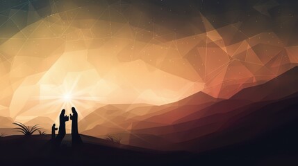 Fototapeta premium Epiphany celebration featuring three kings journey under radiant night sky. Horizontal banner. Copy space. Star of Bethlehem, or Christmas Star. Flat illustartion