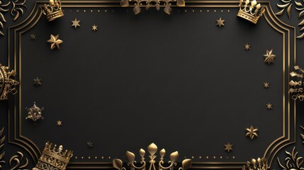 Elegant epiphany three kings day golden border for festive decorations and design. Black template with gold crowns and star of Bethlehem for Three Kings Day. Horizontal banner. Copy space