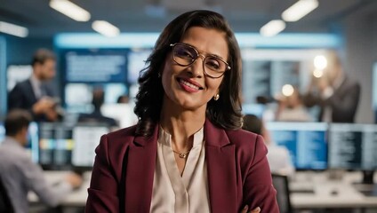 Confident Woman With Glasses Smiling In Modern Office With Monitors Displaying Data And Colleagues Working In Background