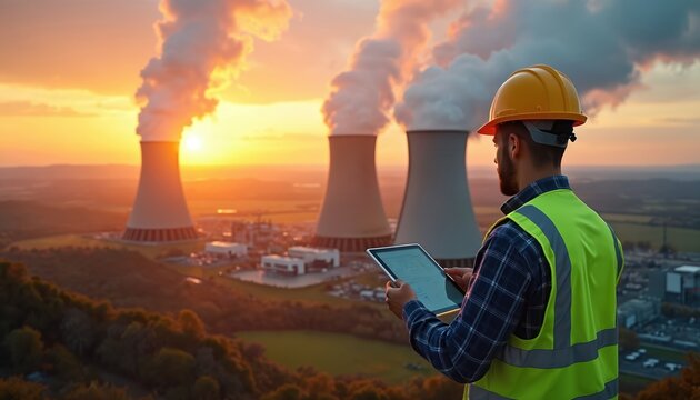 Engineer monitors data on tablet near power plant towers during sunset. Man in hard hat and safety vest analyzes tech info. Industrial site with emission in evening sky. Modern energy tech. - Powered by Adobe