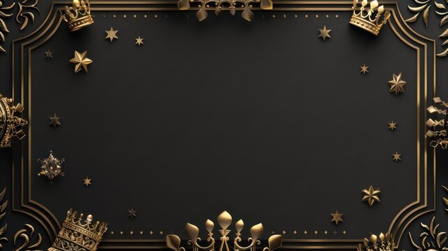 Elegant epiphany three kings day golden border for festive decorations and design. Black template with gold crowns and star of Bethlehem for Three Kings Day. Horizontal banner. Copy space