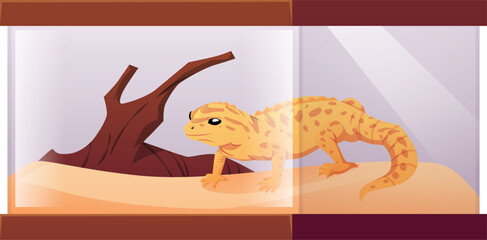 Guana on branch in the terrarium, cartoon lizard chameleon, vector flat exotic pet reptile animal, crawling mammal