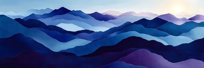 Serene Mountain Range at Sunset with Misty Atmosphere and Vibrant Blue and Orange Sky Colors