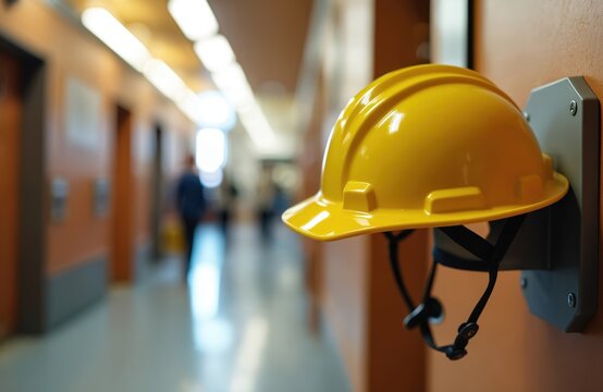 Yellow safety helmet hangs on wall in building corridor. Industrial hard hat is ready for use. Safety equipment for fire emergencies is set near elevators.