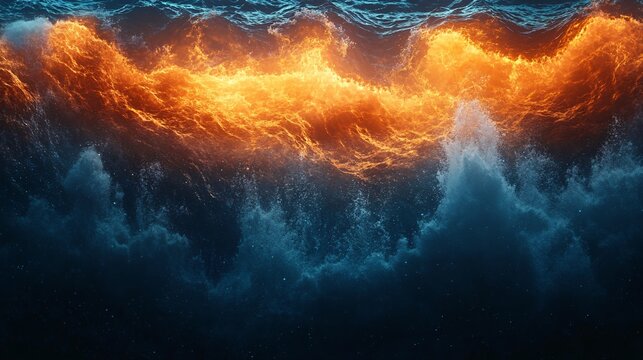 A dynamic closeup showing the ocean thermal energy conversion process, with vibrant orange contrasting with deep blues. Illustrates the energy and potential of sustainable technology under water.