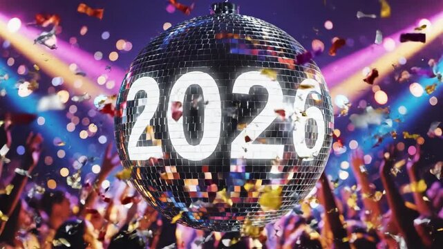 Disco ball emerging with 2026 amid confetti explosion in dynamic party. New Years Eve celebration sequence featuring sparkling lights bursts and festive glitter countdown to future year.