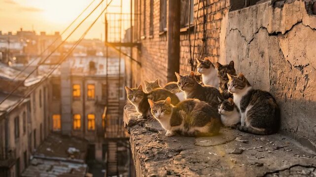 Cats on urban building ledge at sunset looking at camera. Urban city life with feline animals in golden hour light.