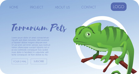 Naklejka premium Terrarium pets landing page flat vector design, exotic iguana pet from jungle, cartoon tropical lizard reptile animal