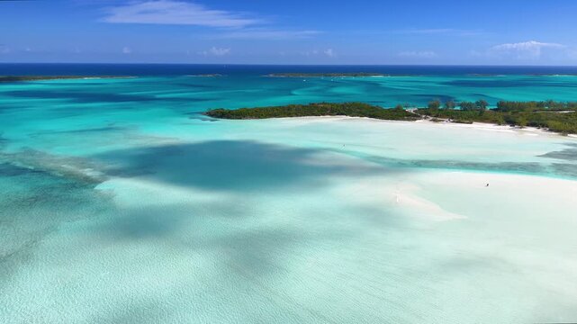 Aerial view of the north coast of Exuma island with Exuma Point Beach and sandbars in the cay, The Bahamas, Caribbean