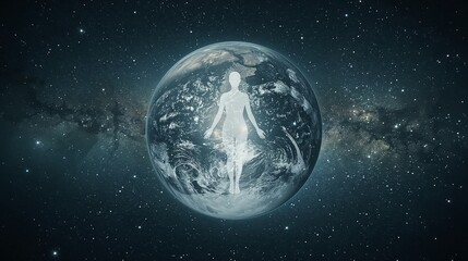 Fototapeta premium Ethereal woman figure within a luminous globe in cosmic space, International Women's Day 