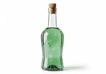 Clear glass container with curved sides holds a pale green liquid sealed with a cork stopper