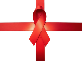 Closeup of a red awareness ribbon tied in a cross shape, symbolizing support and solidarity, isolated on transparent background