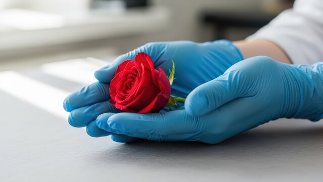 Blue medical gloves gently cradle a vibrant red rose, offering a heartfelt symbol of care, love, and gratitude from dedicated healthcare heroes - Powered by Adobe