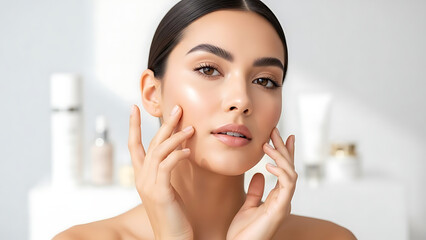 Close-up portrait of a serene young woman with healthy, glowing skin, gently touching her face, symbolizing a radiant and effective beauty skincare routine for a fresh and natural complexion
