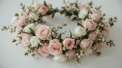 Floral wreath made of pink and white roses with greenery, International Women's Day  