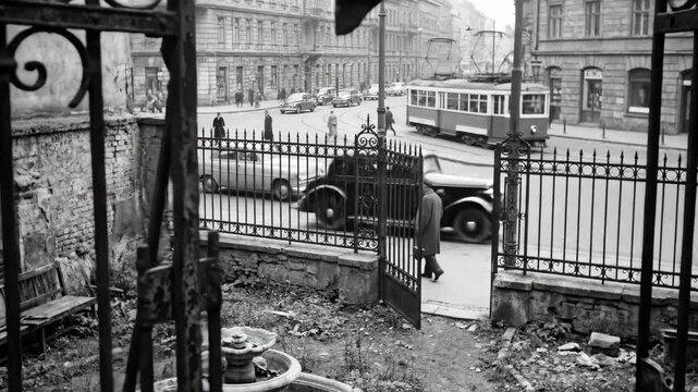 Man standing at open gate by old city street with tram and cars. Vintage urban scene with architecture, slavic style.