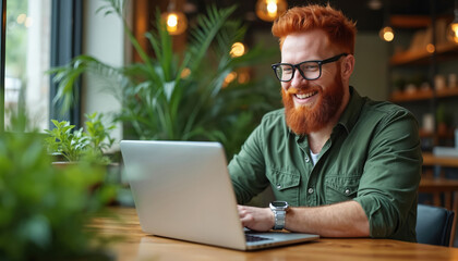 Man with red hair and beard works on laptop at a cafe. He smiles while looking at the screen. Plants and warm lighting create a cozy atmosphere. Freelancer enjoys digital work on a sunny day.