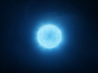 Blue giant in space. Hot young star on a black background. Massive star emitting blue light. Alien sun isolated.