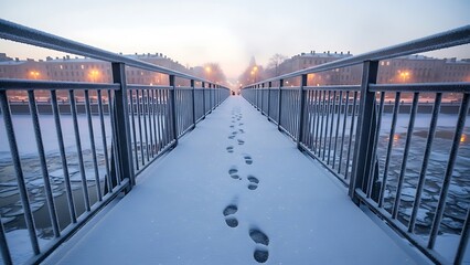 Footprints in the snow on a pedestrian bridge over a frozen river or canal during winter twilight, leading towards distant city lights