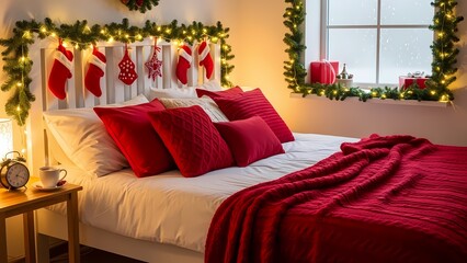 Cozy Christmas Bedroom Interior with Red Stockings, Garland Lights, and Snowy Window View