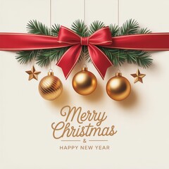 Elegant Christmas social media post design with red ribbon, gold ornaments and pine accents, created for modern festive Instagram and Facebook square layouts