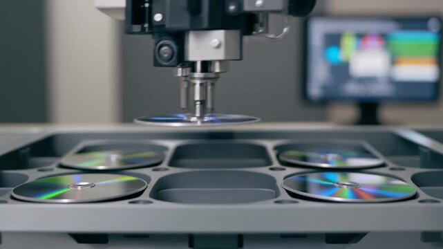 Automated inspection machine examining CDs on a tray
