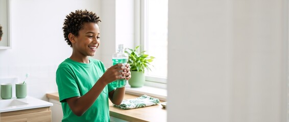 Smiling Black boy holding a mouthwash bottle in a bright bathroom. Happy child taking care of dental hygiene during morning routine. Panoramic view with copy space