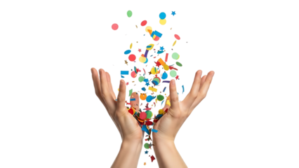 Hands catching colorful confetti falling down, isolated on transparent background