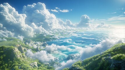 A scenic coastal landscape featuring ocean currents; visualizing the potential of ocean current energy installation. Serene seascape with rolling hills, vibrant skies, and cloudscape