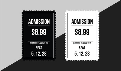 Two admission tickets one black one white with price and seat numbers