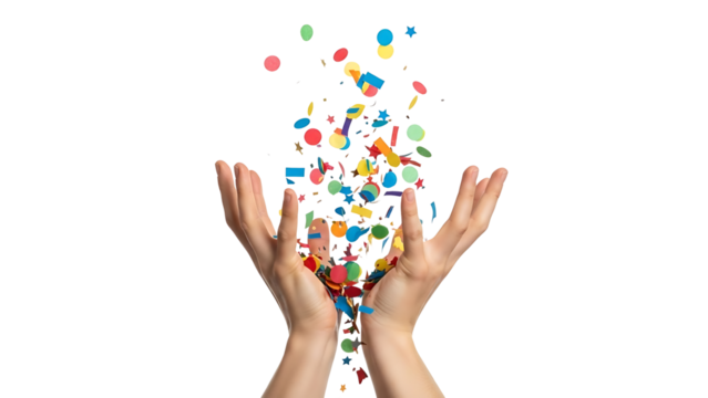 Hands catching colorful confetti falling down, isolated on transparent background - Powered by Adobe