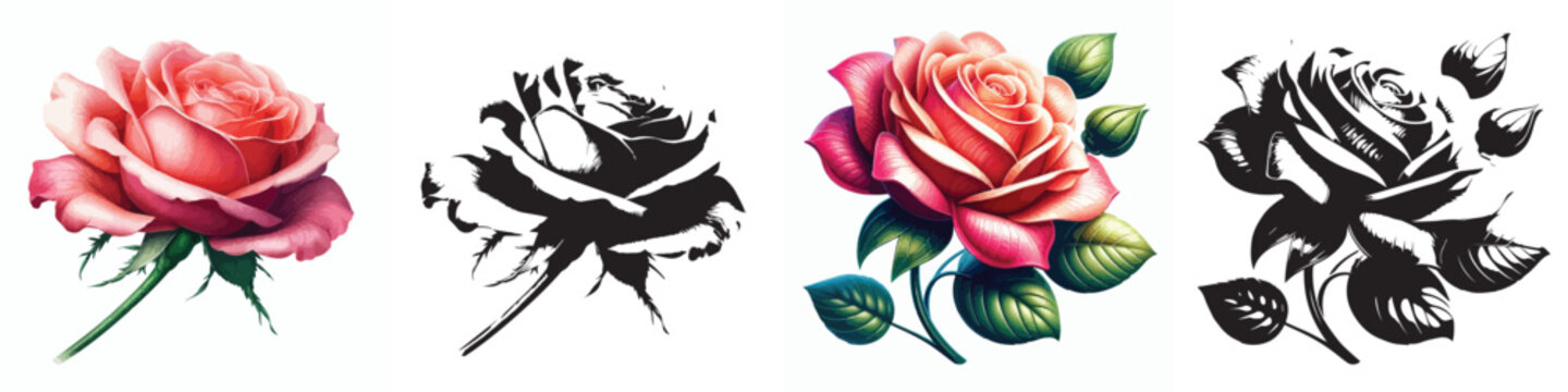 Vector and silhouette set of rose flowers with stems on white background