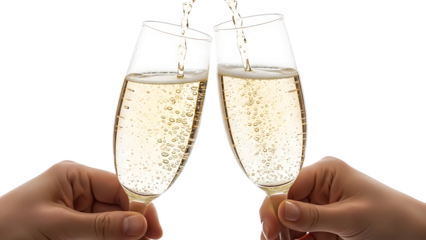 Two hands clinking champagne glasses in a toast, bubbles rising. The glasses are filled with sparkling champagne.