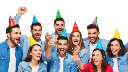 A cheerful group of friends celebrating a joyful event together. They're wearing party hats and celebrating with drinks, showing pure happiness