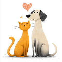 Cats and dogs share a moment of friendship with love hearts above them in colorful drawing