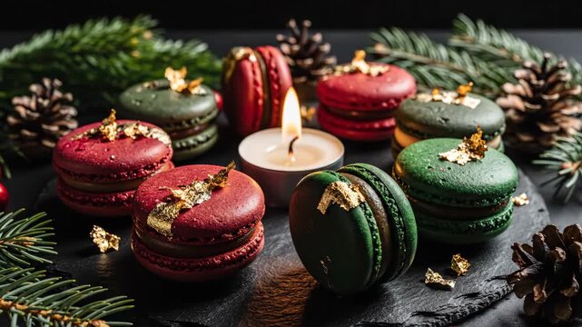Gourmet macarons in christmas colors arranged festively. Red green and gold pastries with pine cones candles and branches. Holiday dessert presentation for winter celebrations.