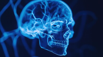 Bioluminescent neural networks pulsing inside a translucent human skull in darkness.
