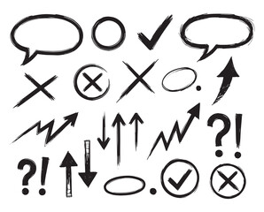 Hand-drawn sketch symbols including arrows checks crosses speech bubbles and punctuation marks in rough bold style 