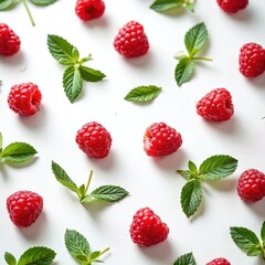 Red raspberries and green mint leaves arranged on white surface. Fresh berries scattered with foliage for vibrant food presentation. Healthy organic fruit, natural summer backdrop.
