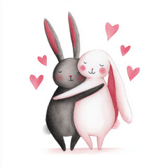 Rabbits hug and share affection with hearts in a simple and cute illustration