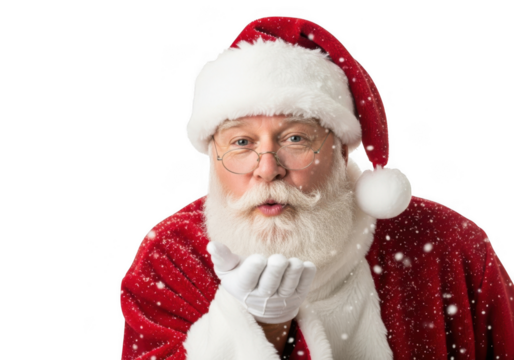 Santa claus wearing his traditional red suit and hat, blowing a kiss with snowflakes falling around him, isolated on transparent background - Powered by Adobe
