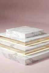 Elegant marble and gold layered product display podium on a soft pink background for luxury items showcasing