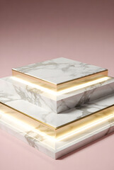 Luxurious modern display podiums crafted from white marble, featuring elegant gold trim and soft light glow
