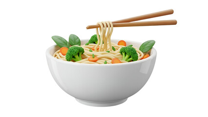 Noodle Bowl Delight: A vibrant bowl filled with steaming noodles, fresh vegetables, and savory broth. Chopsticks grasp a portion, offering a tantalizing glimpse of this culinary artwork.