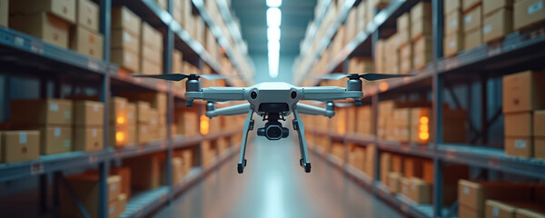Drone flies inside warehouse between shelves full of boxes. Automated aerial vehicle checks inventory and packages for delivery. Future logistic system for shipping and transport.