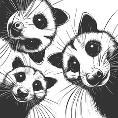 Naklejka premium wide-eyed opossums peering downward in a circle, with expressive faces and whiskers sketch engraving generative ai vector illustration. Scratch board imitation. Black and white image.