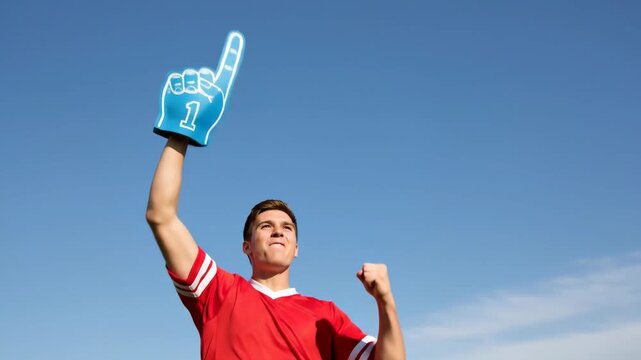 Young caucasian man cheering with foam finger, enjoying sport event, celebrating victory on sunny day.
