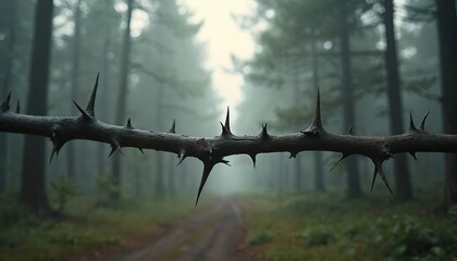 Close-up of thorny branch with sharp thorns, twisted stem in soft natural lighting. Blurred forest background with dirt road, tall trees. Dark, moody scenery with calmness, serenity. Nature scene